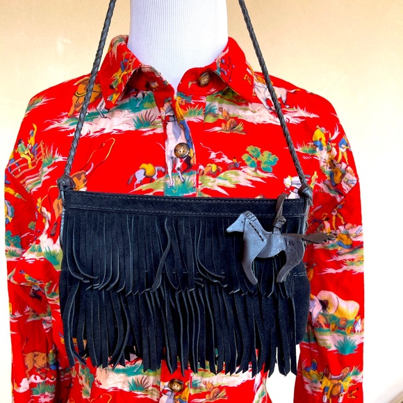 RALPH LAUREN Black Suede Fringed Bag w/Horse Charm - Picture 1 of 12